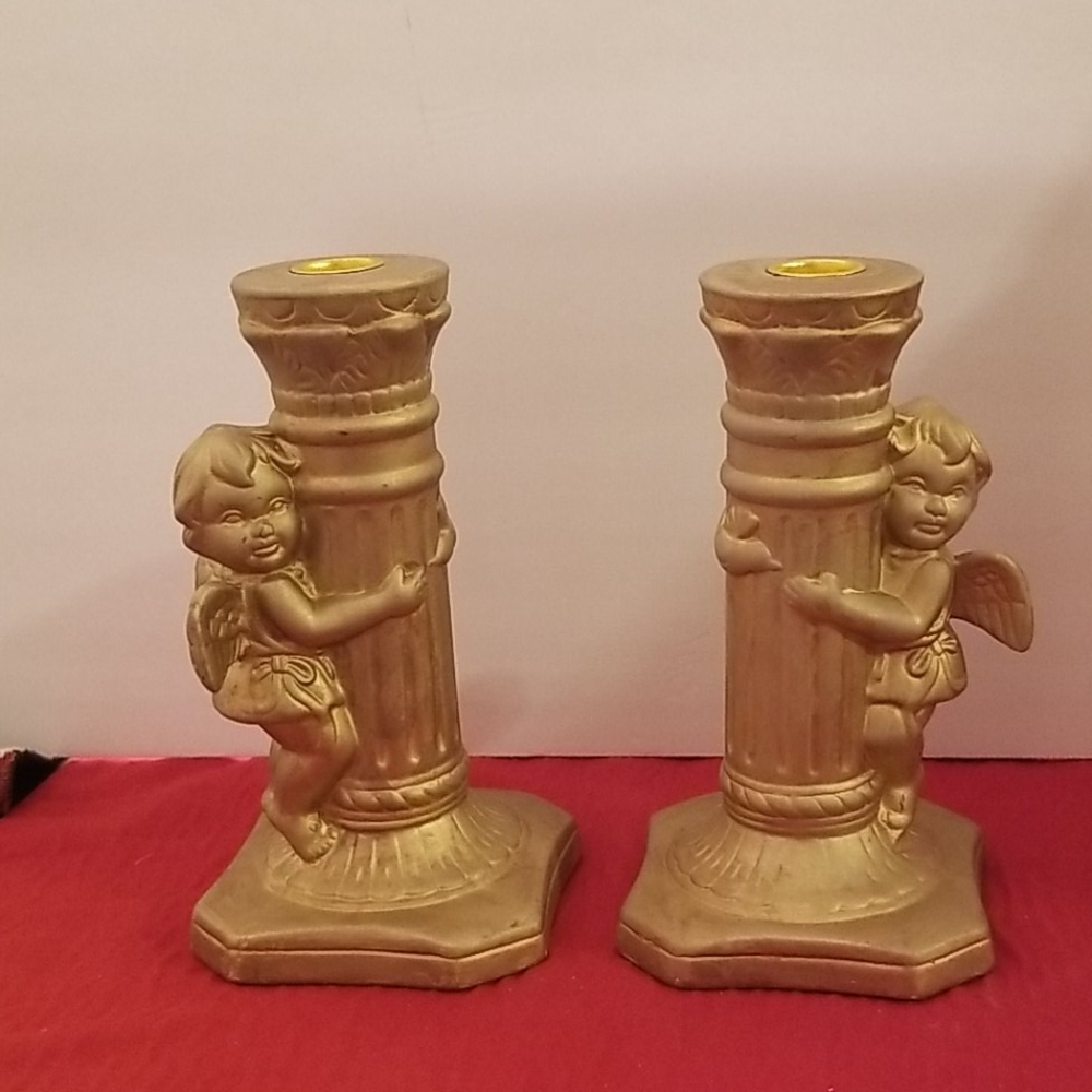 Gold Cherub Candle Holder Pair